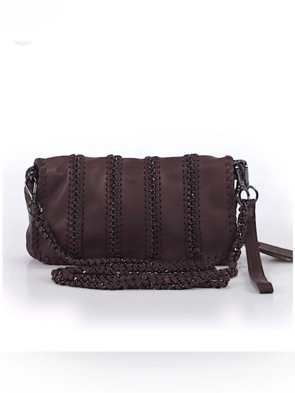 NWT $275 Linea Pelle Soft Brown Leather Whipstitch Chain Crossbody Bag Wristlet